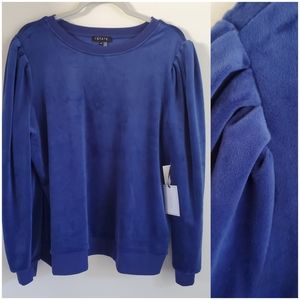 1. State Blue Velour Crewneck Puff Sleeve Top Sweatshirt Pleated Long Sl…